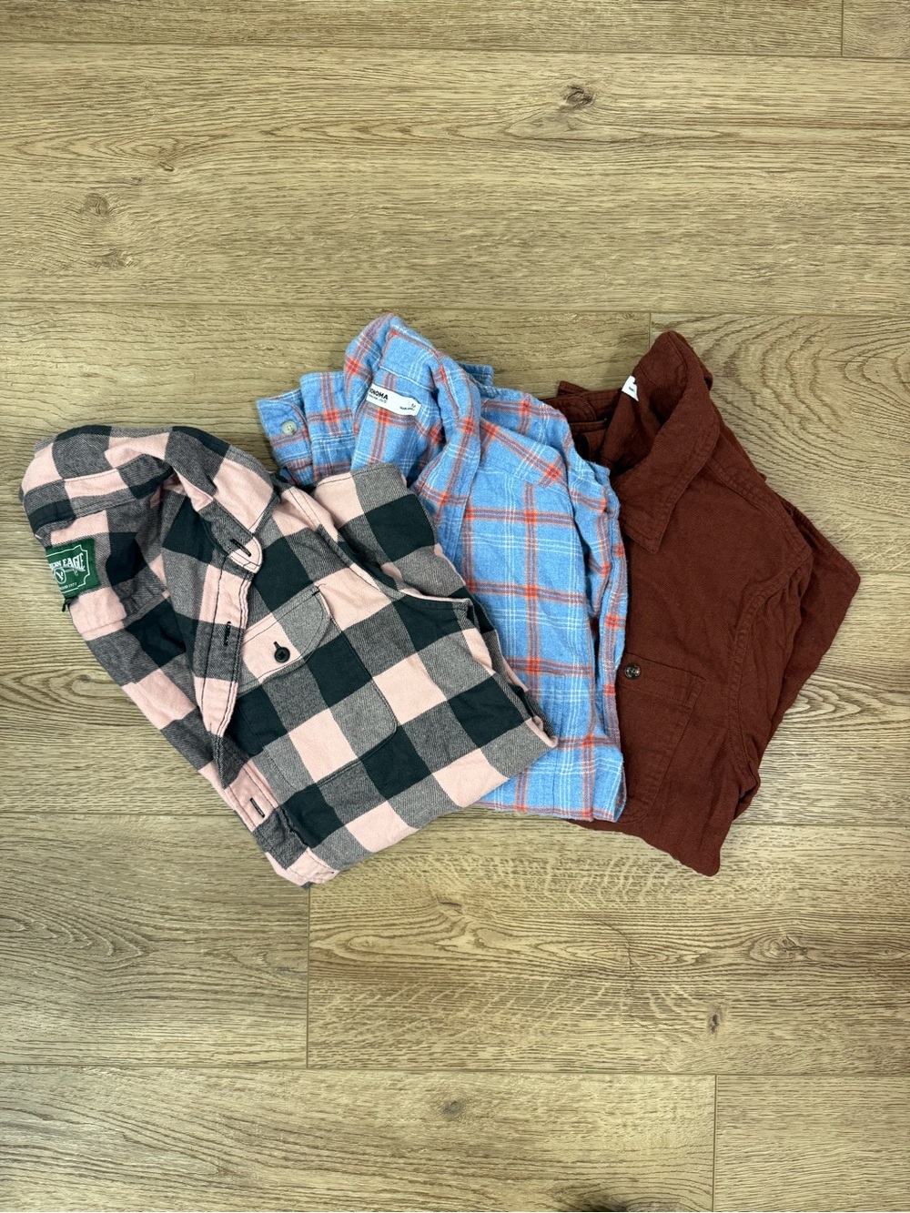 Menโs Plaid Button-Up Shirt - Pink/Black (AE), Blue Plaid & Rust - (Unbranded)